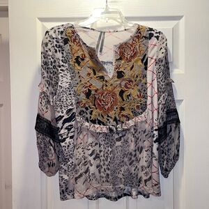Anthropologie Embroidered Leopard Print Top